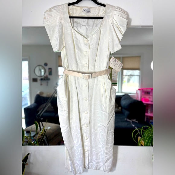 NWT VINTAGE Rimini 100% Cotton Belted White Patterned Button Up Midi Dress SZ 10 - Picture 1 of 8